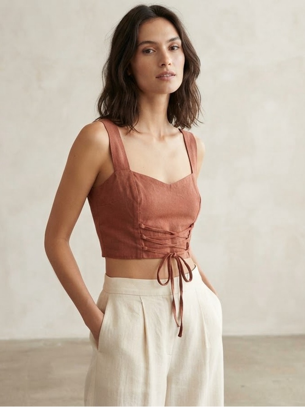 Abercrombie & Fitch Rust Lace-Up Linen Crop Tank